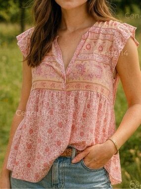 Lucky Brand Floral Boho Peasant Blouse Flutter Sleeve Top S NWT